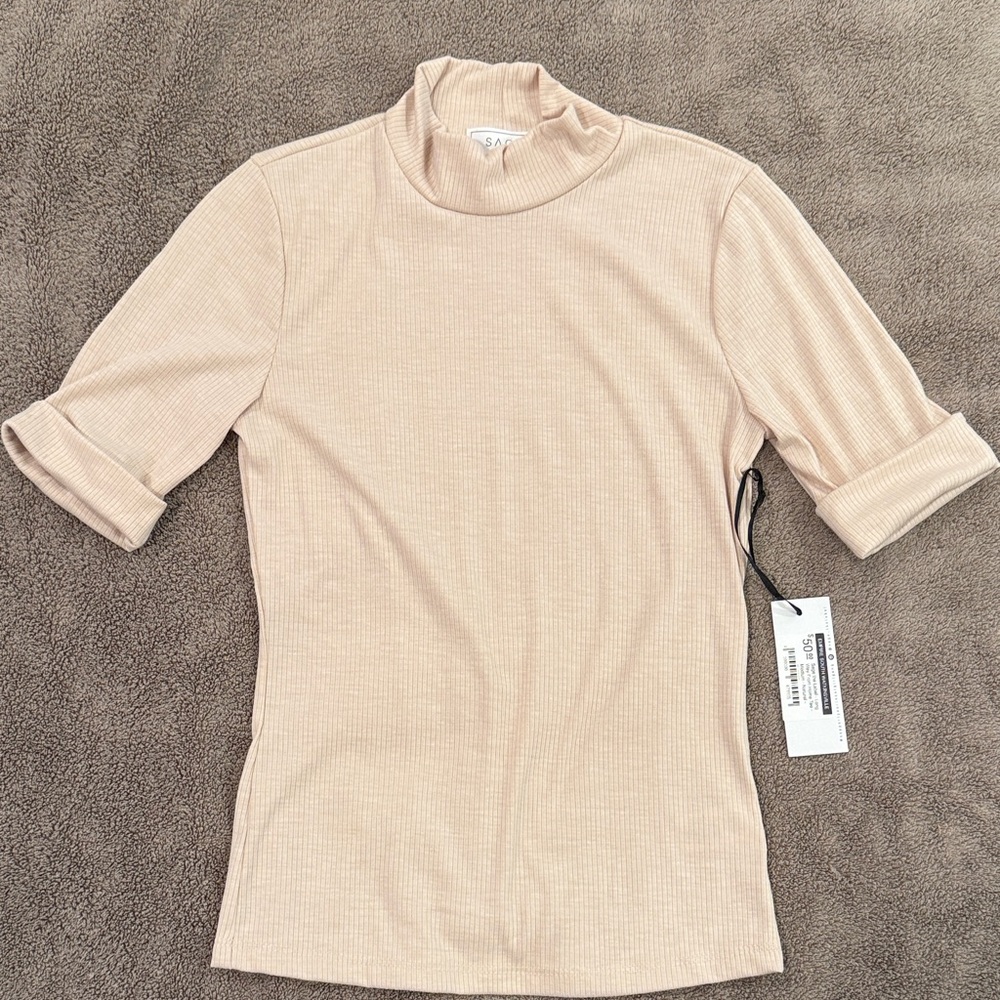Sage Cream Ribbed Turtleneck Blouse